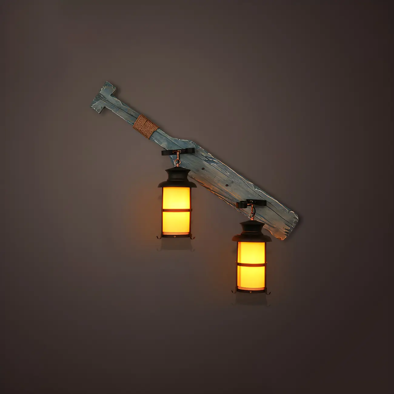 Industrial Distressed Wood Glass Black Wall Lantern Light