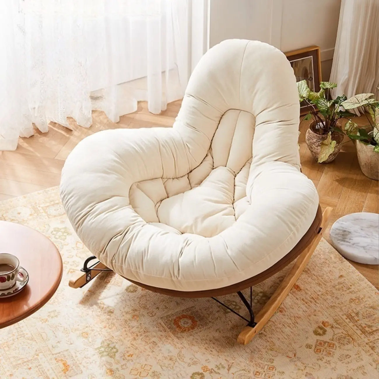 Wide Seat Upholstered Rocking Chair in Beige with Ottoman