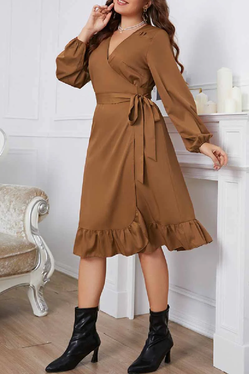 hulianfu Casual Solid Frenulum V Neck Long Sleeve Plus Size Dresses - Deanwangkt