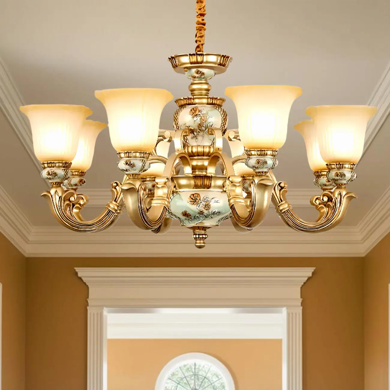 Antique Gold Ceramic Chandelier with Frosted Glass Bell Shape