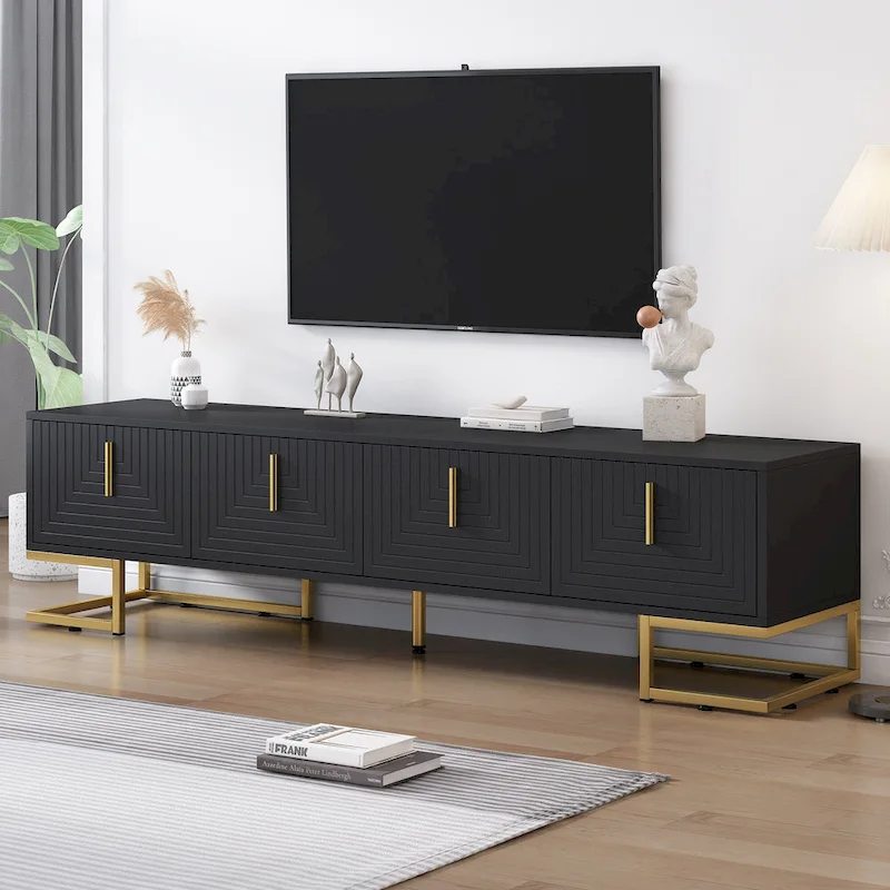 Black+Gold 70.8 TV Stand with Gold Handles & Cabinets for 80 TVs