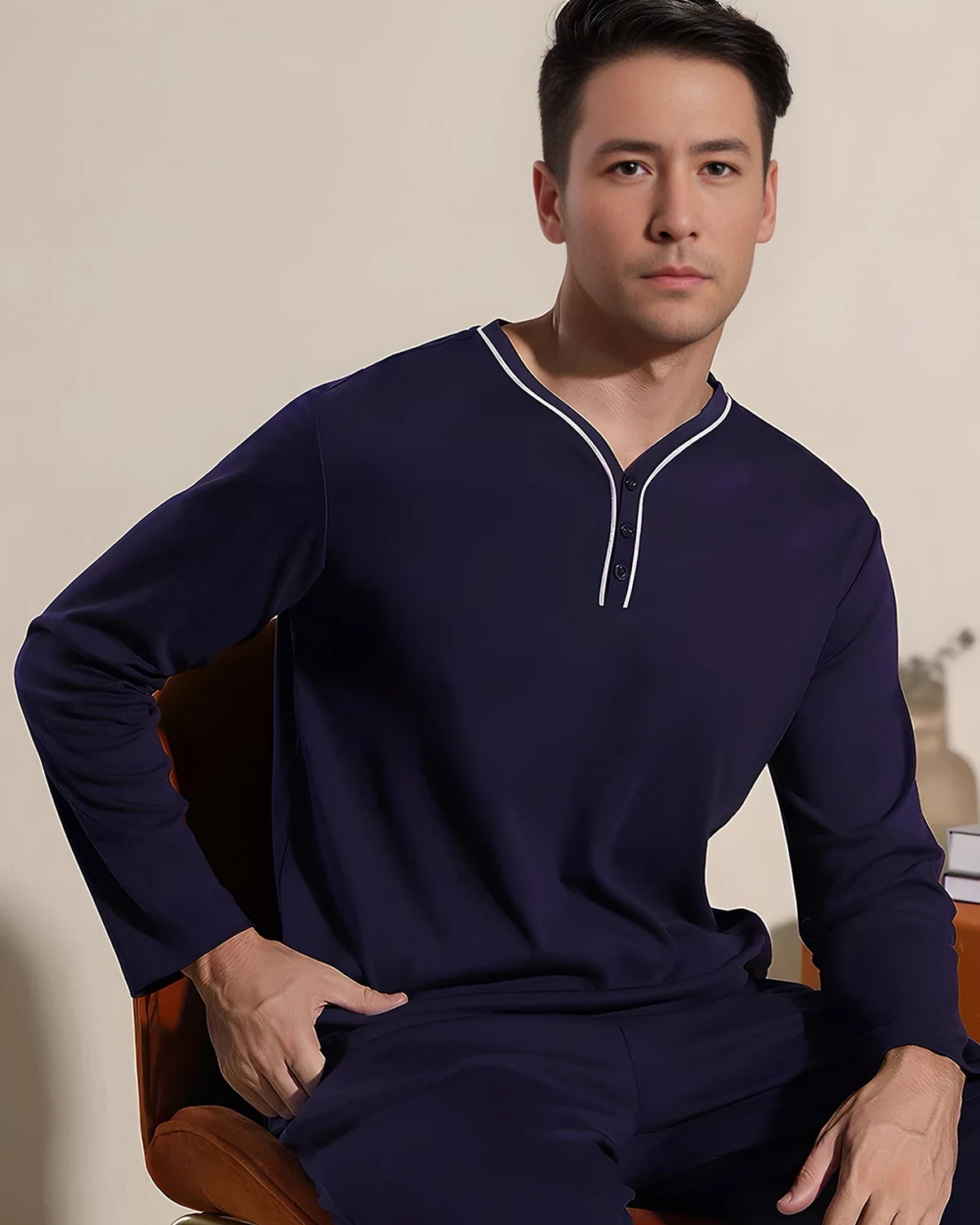 Enjoy silky comfort ~ 60S modal-blend goblet-collar men's long-sleeve set, casual homewear pajamas and lounge pants