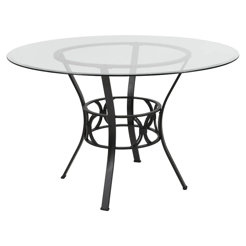 48 Round Glass Dining Table with Crescent Style Metal Frame - 48W x 48D x 29.5H - 48W x 48D x 29.5H
