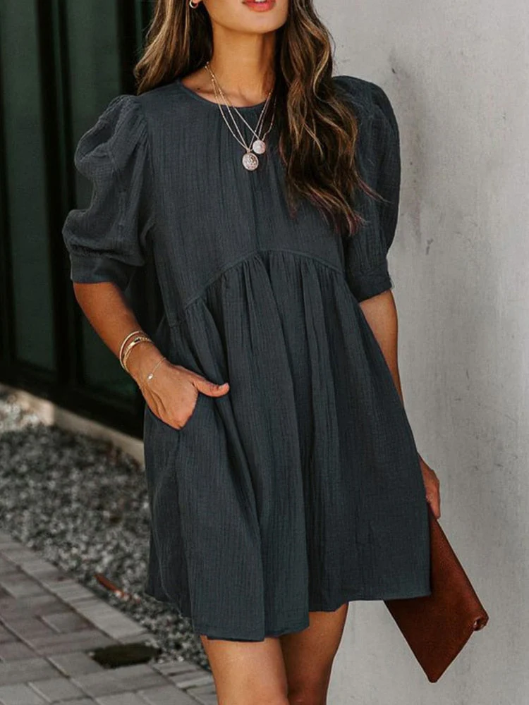 Hulianfu Summer Short-sleeved Dress Fashion New Loose Puff Sleeves Oversize Breasted Solid Color Dress Dresses Women - Deanwangkt