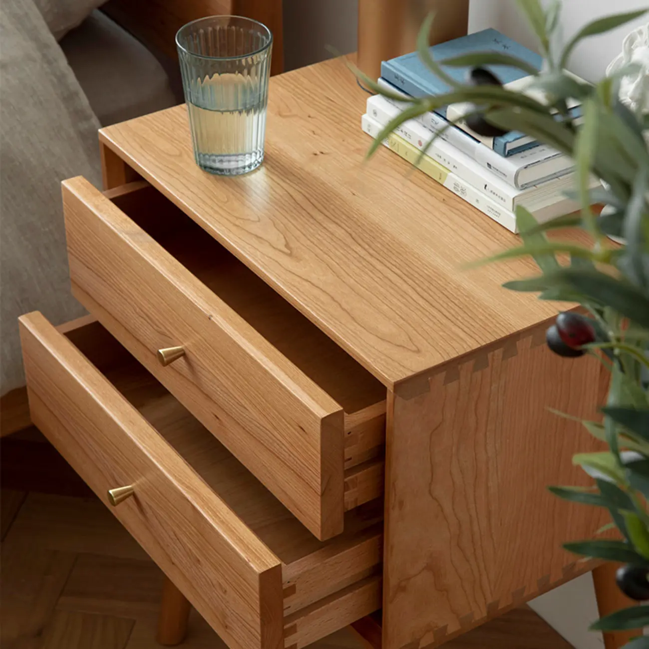 Scandinavian Narrow Cherry Wood Nightstand with Drawers