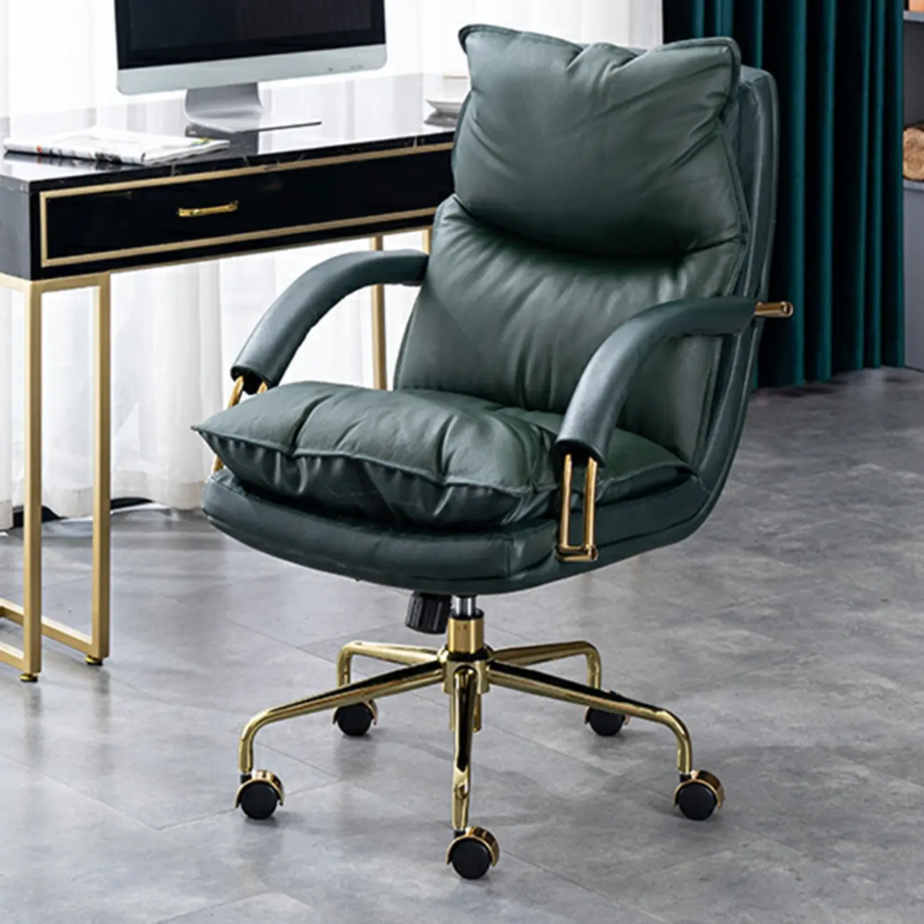 Brown Genuine Leather Ergonomic Wheeled Office Chair