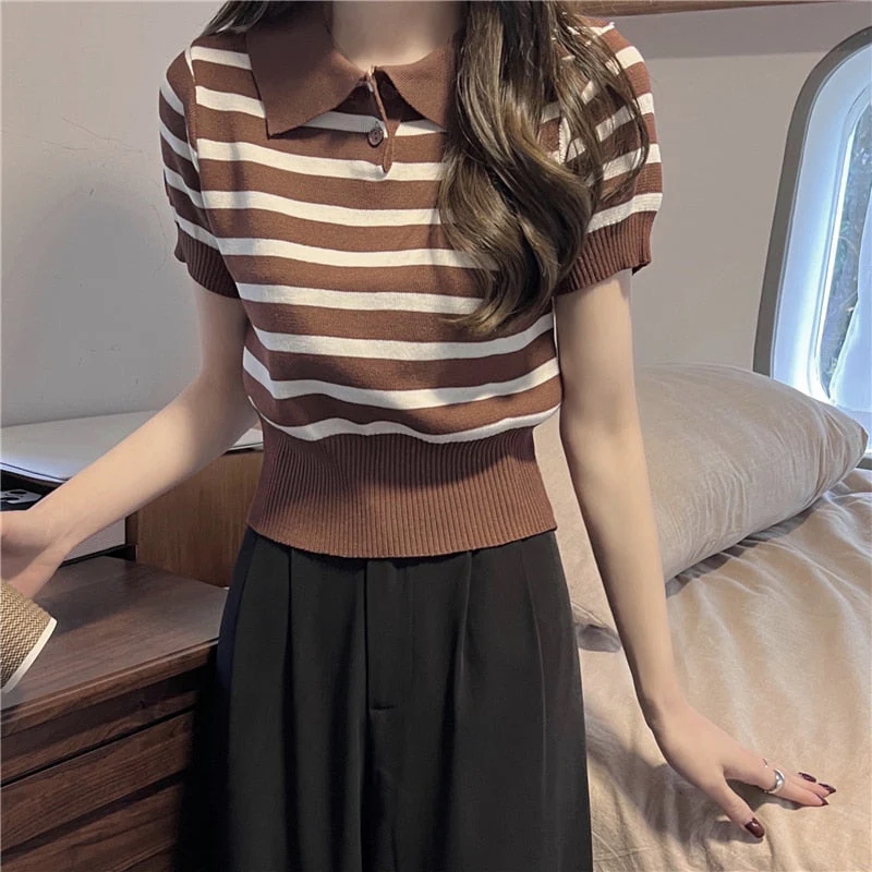 Hulianfu Summer Vintage Striped Polo Collar T Shirts Women's Knitted Short Sleeve Thin Cropped Tshirt Crop Top For Slim Girls - Deanwangkt