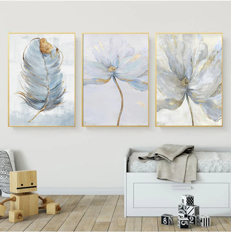 HULIANFU Scandinavian Flower Canvas Art Abstract Painting Print Feather Decoration Picture for Living Room Nordic Home Decor Wall Poster - Deanwangkt