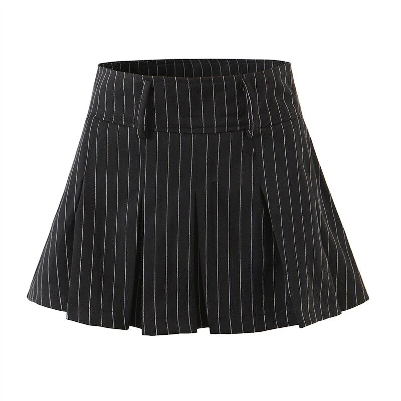 Hulianfu New Spring Summer Chic Vintage Preppy Style Striped High-Waist Pleated Mini Skirt Thin Hot Girl A-Line Skirt Women Fashion - Deanwangkt