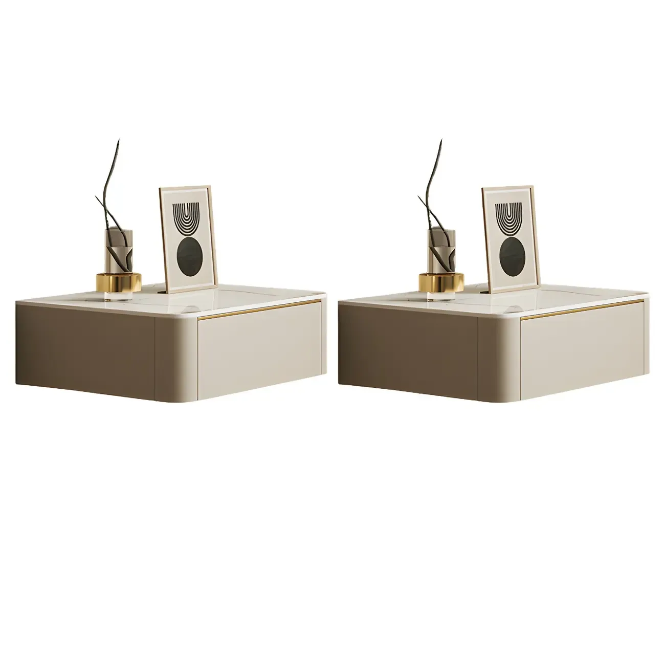 Low Beige Leather Stone Top Floating Nightstand with Drawer