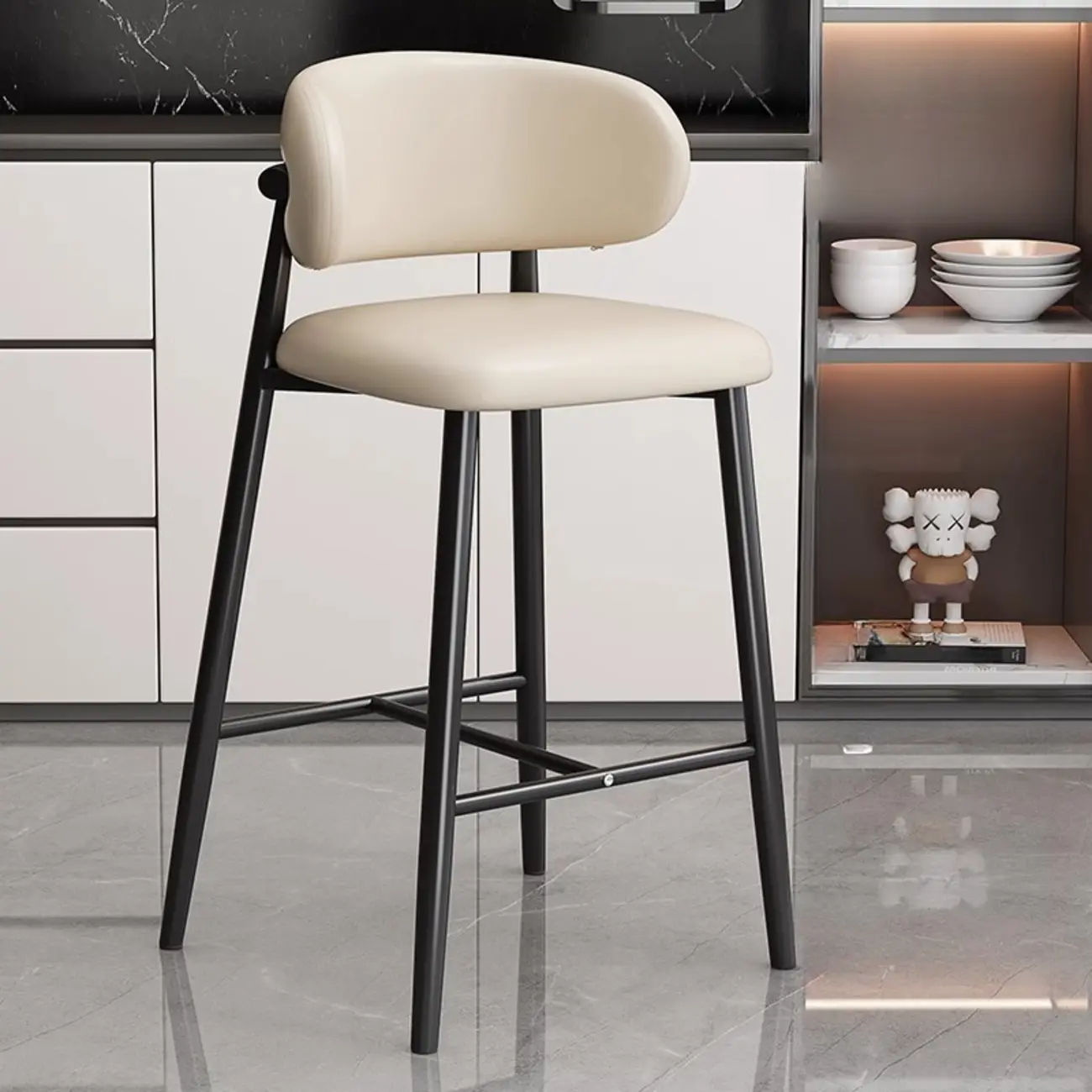 Modern Off-White Leather Curved Back Counter Bar Stools
