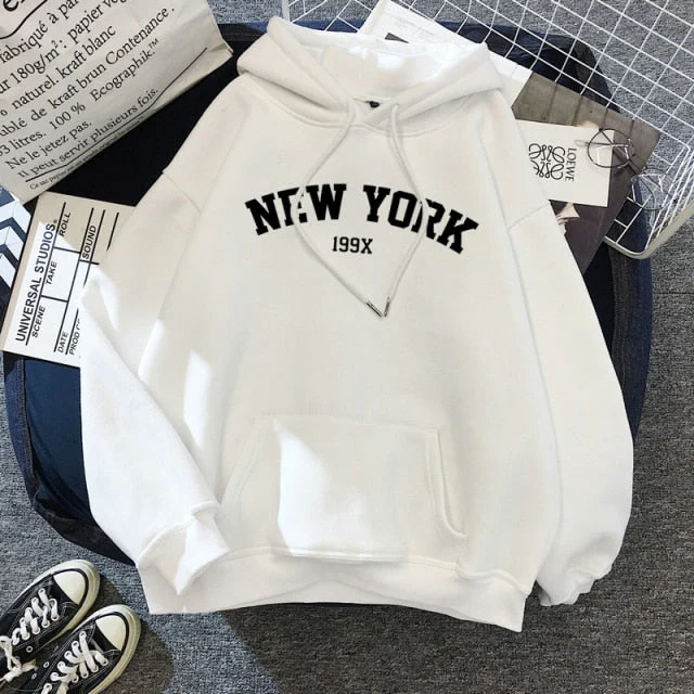 Female Thicken Warm Hoodies Lady Autumn Tops NEW Sweatshirts Velvet Winter Women's NEW YORK Printing Hooded Hoodies - Deanwangkt