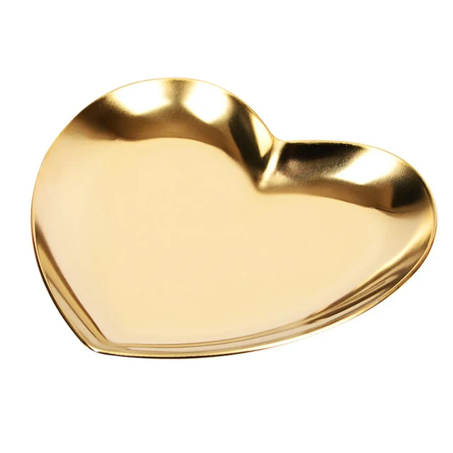 HULIANFU Nordic Stainless Steel Storage Tray Dish Jewelry Ring Organizer Bread Dessert Snack Plate Golden Heart Shaped Plate Home Decor - Deanwangkt