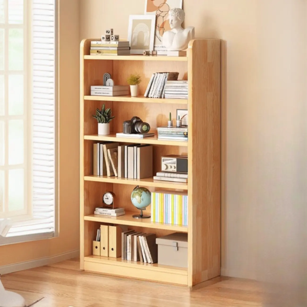 Narrow Vertical Modern Wooden Bookcase in Natural Finish