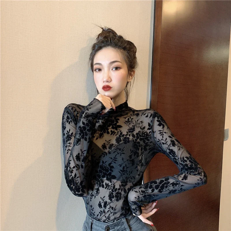 Hulianfu Girls Transparent Corduroy Printing Mesh T-Shirts Tees Female Turtleneck Full Sleeve Tshirt Tops For Women - Deanwangkt