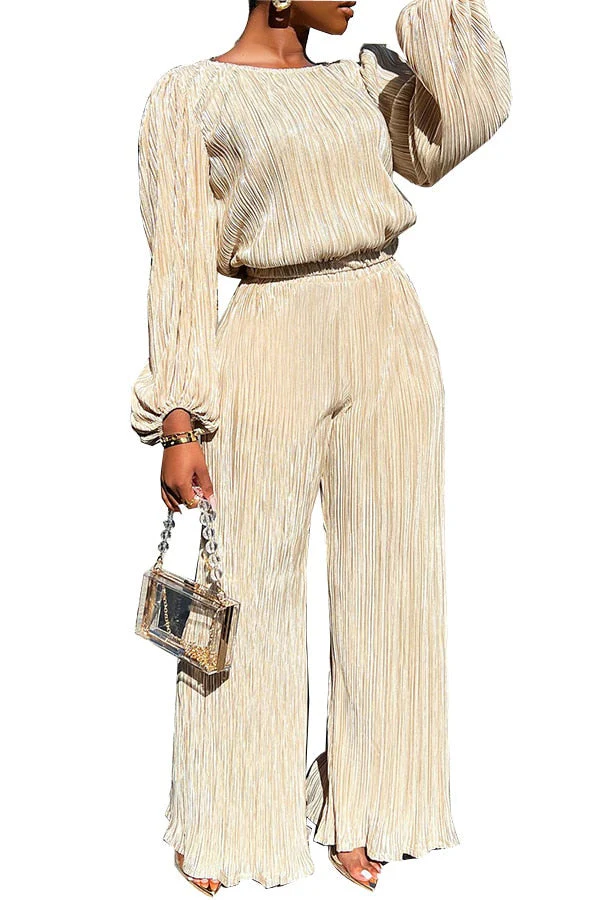 Two Piece Pleated Outfits for Women Casual Crewneck Long Sleeve Loose Fit Top and Wide Leg Palazzo Pant Suit Tracksuit - Deanwangkt