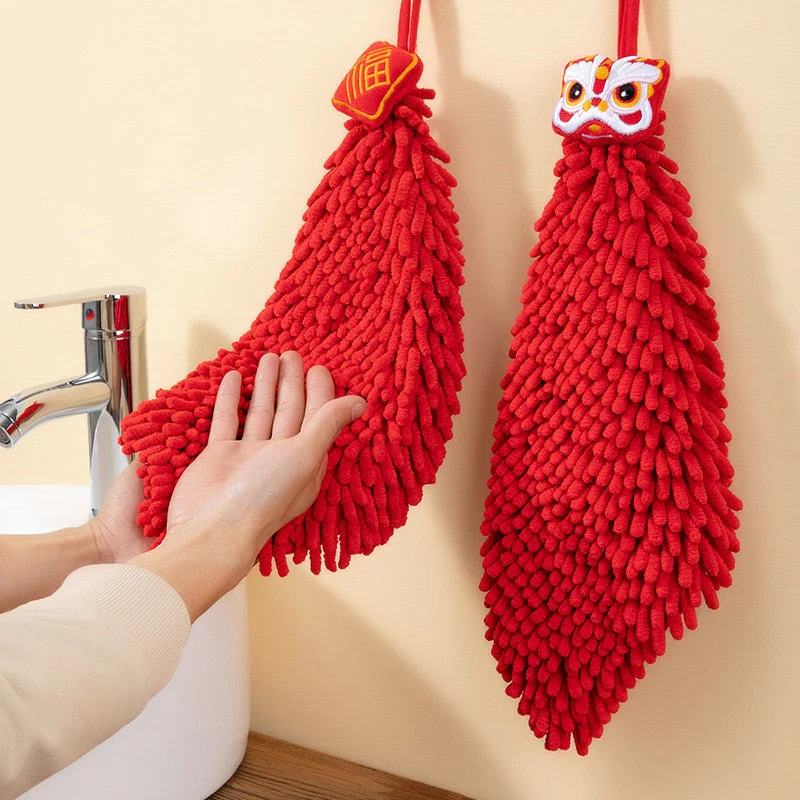 HULIANFU Red Chenille Soft Hand Towel Chinese Style Quick-Dry Absorbent Cartoon Wipe Handkerchief for Home Bathroom Embroidery Towels - Deanwangkt