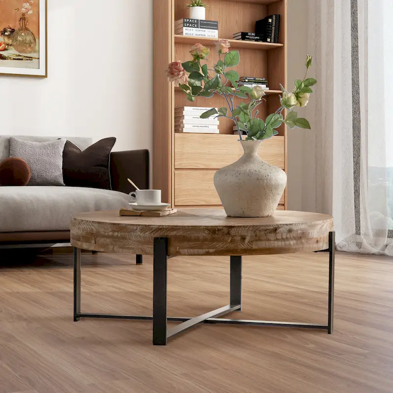 31W Round Coffee Table With Fir Wood Table Top and Metal Frame End Table