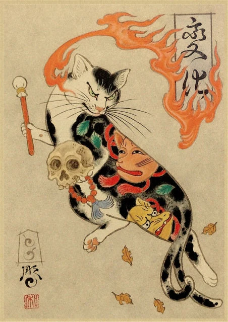 HULIANFU Japanese samurai cat tattoo cat vintage poster wall art sticker painting living room decoration bedroom print picture - Deanwangkt