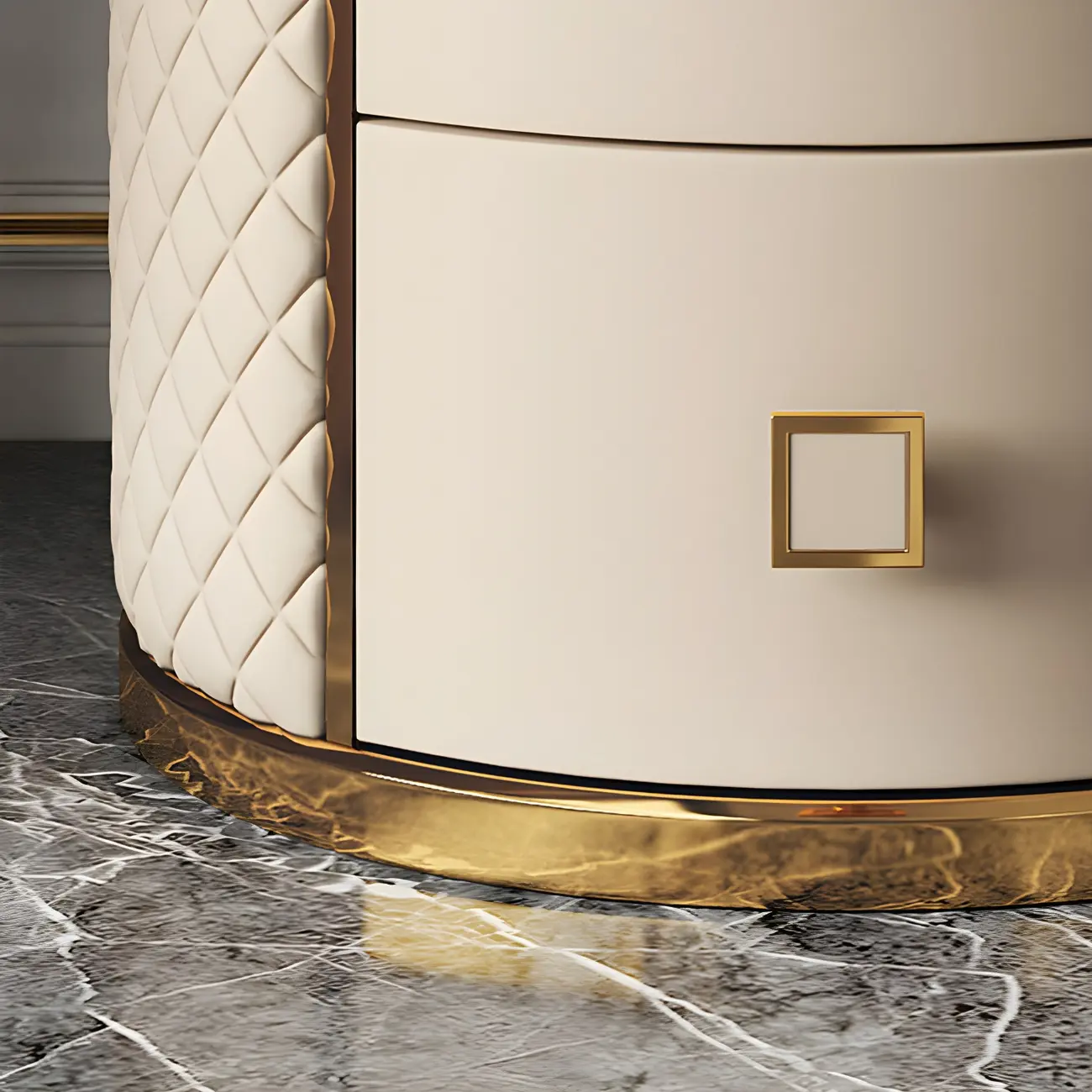 Glam Round Leather Nightstand with Marble Countertop 2 Drawers