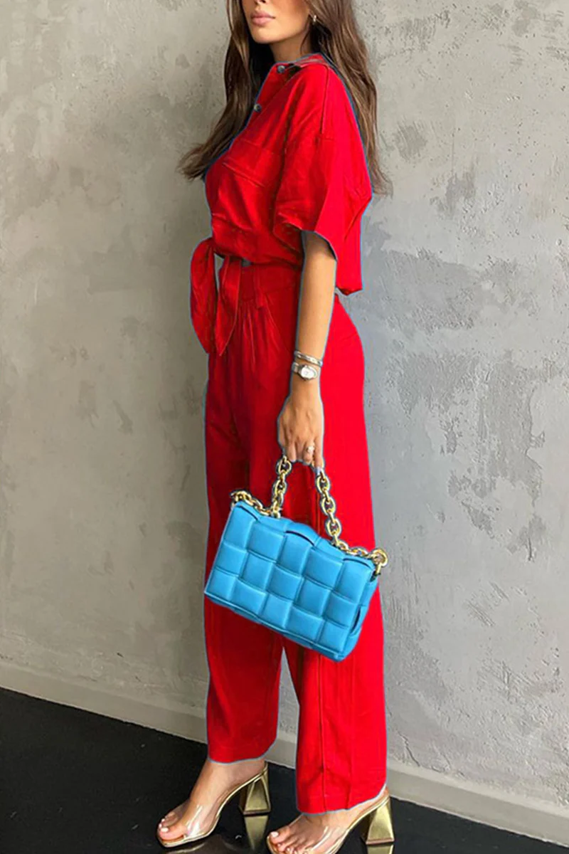 hulianfu Fashion Solid Patchwork Turndown Collar Short Sleeve Two Pieces - Deanwangkt