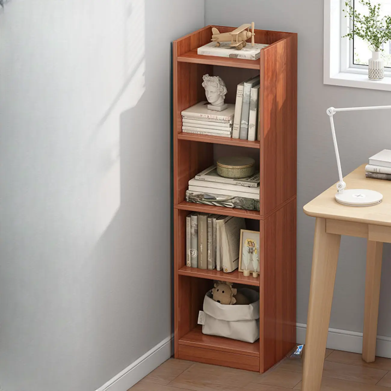 Scandinavian Oak Rectangle 5-Shelf Wood Bookcase