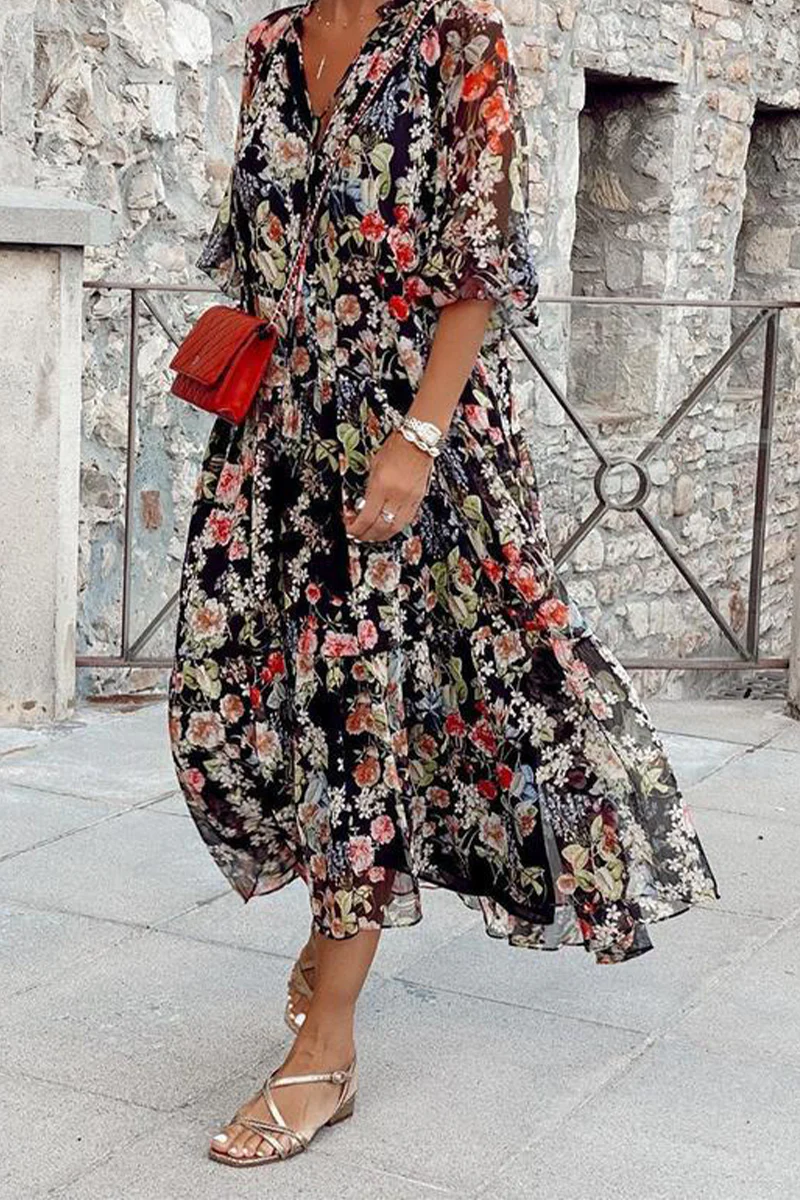 hulianfu Casual Print Patchwork V Neck Cake Skirt Dresses - Deanwangkt