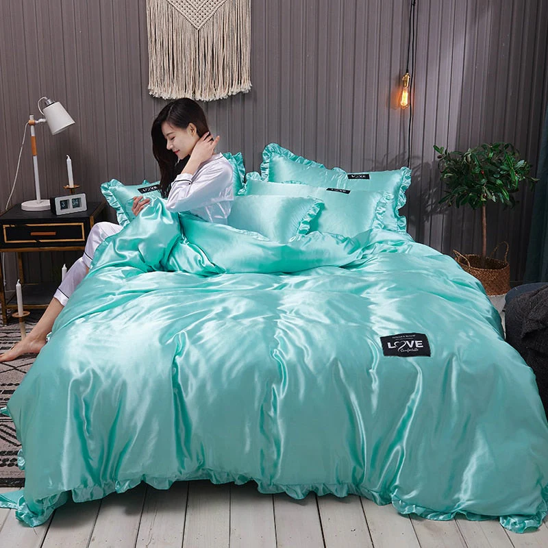 HULIANFU Pure Satin Silk Bedding Set Lace Luxury Duvet Cover Set Single Double Queen King Size 240x220 Couple Quilt Covers White Gray Red - Deanwangkt