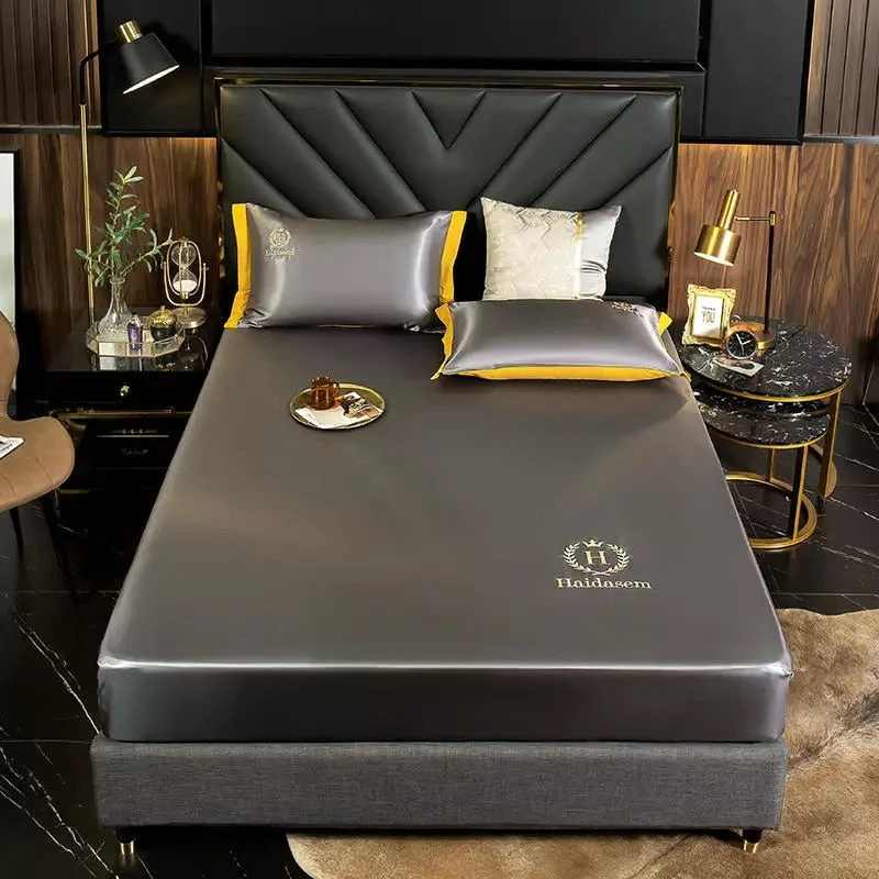 HULIANFU  WOSTAR Luxury ice silk fabrics elastic fitted sheet summer solid bedding mattress protector cover queen king size bed sheet set - Deanwangkt