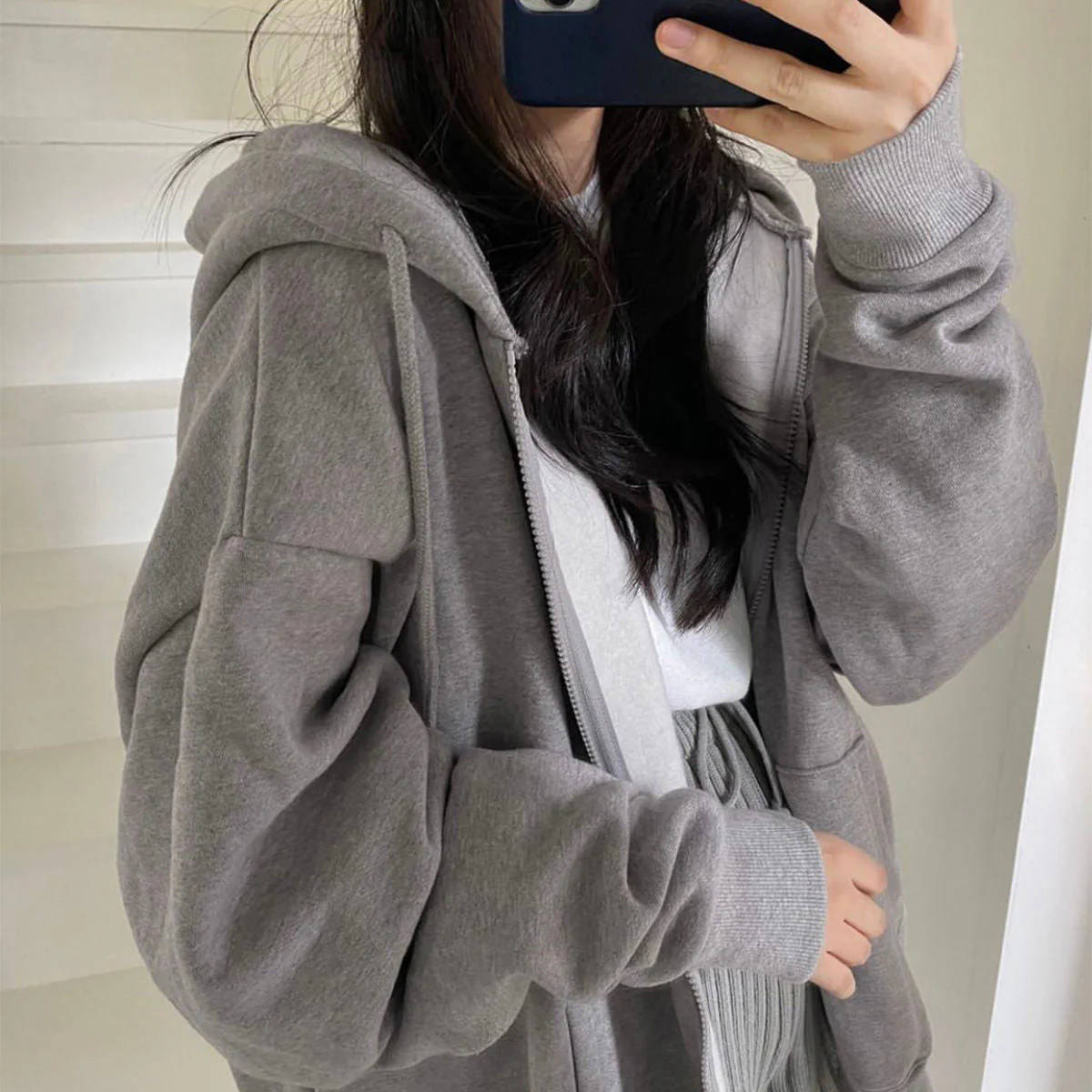 Women Korean Version Loose Hoodies Long Sleeve Zip Up Solid Pocket Oversized Sweatshirts Female Thin Harajuku Hooded Coat Top - Deanwangkt