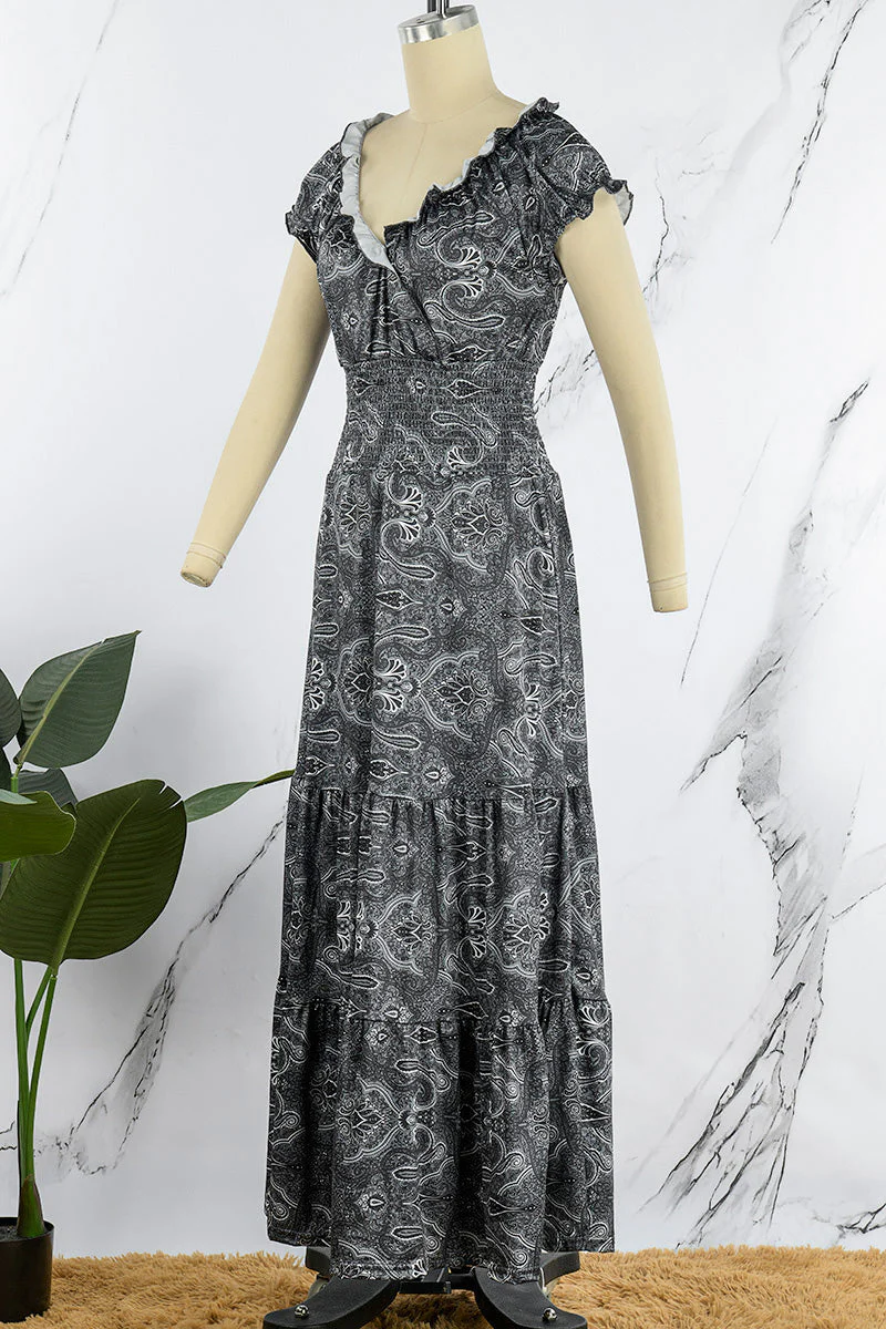 hulianfu - Bohemian College Print Fold V Neck A Line Dresses(6 Colors) - Deanwangkt