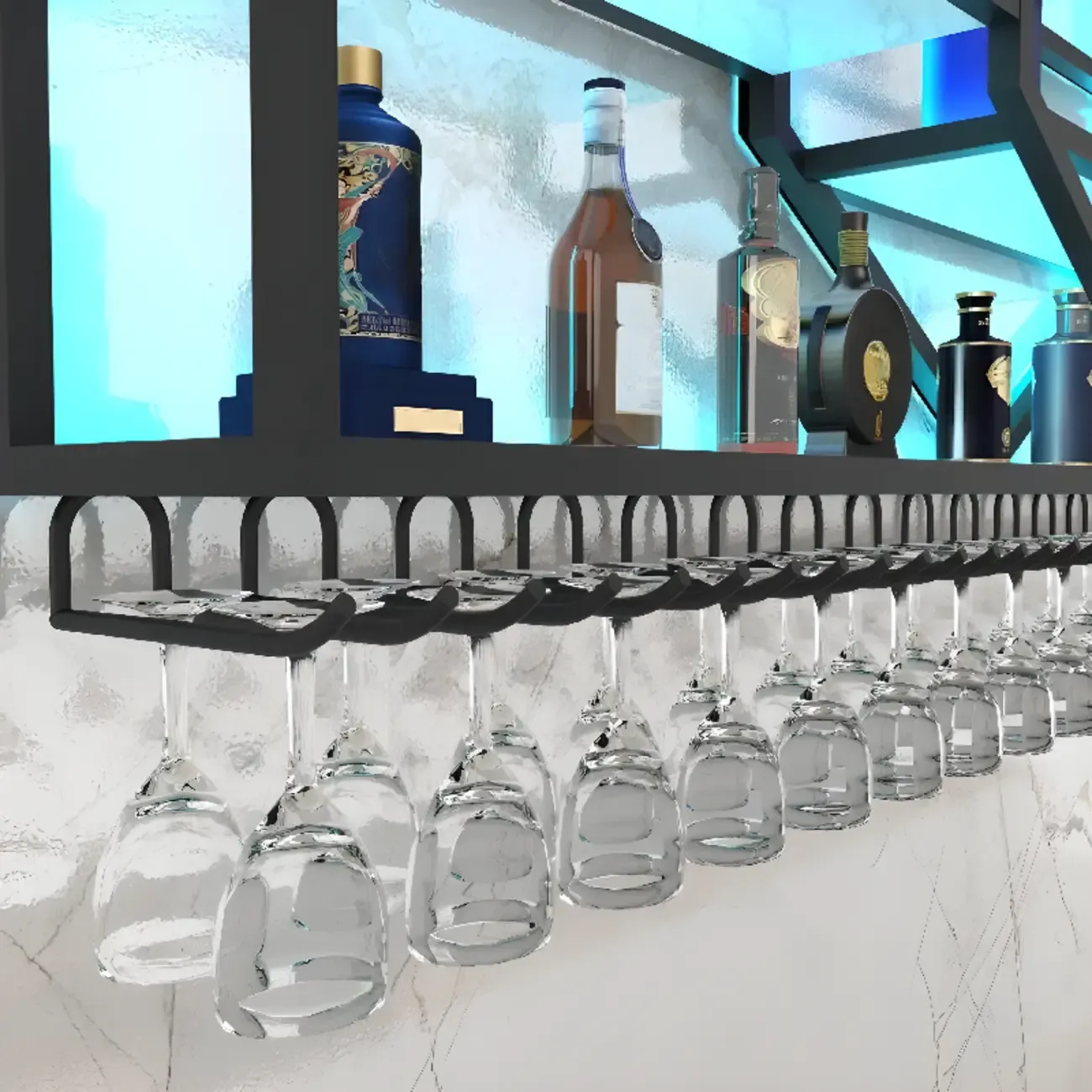 Geometric Metal Black Floating Wine Rack with Light