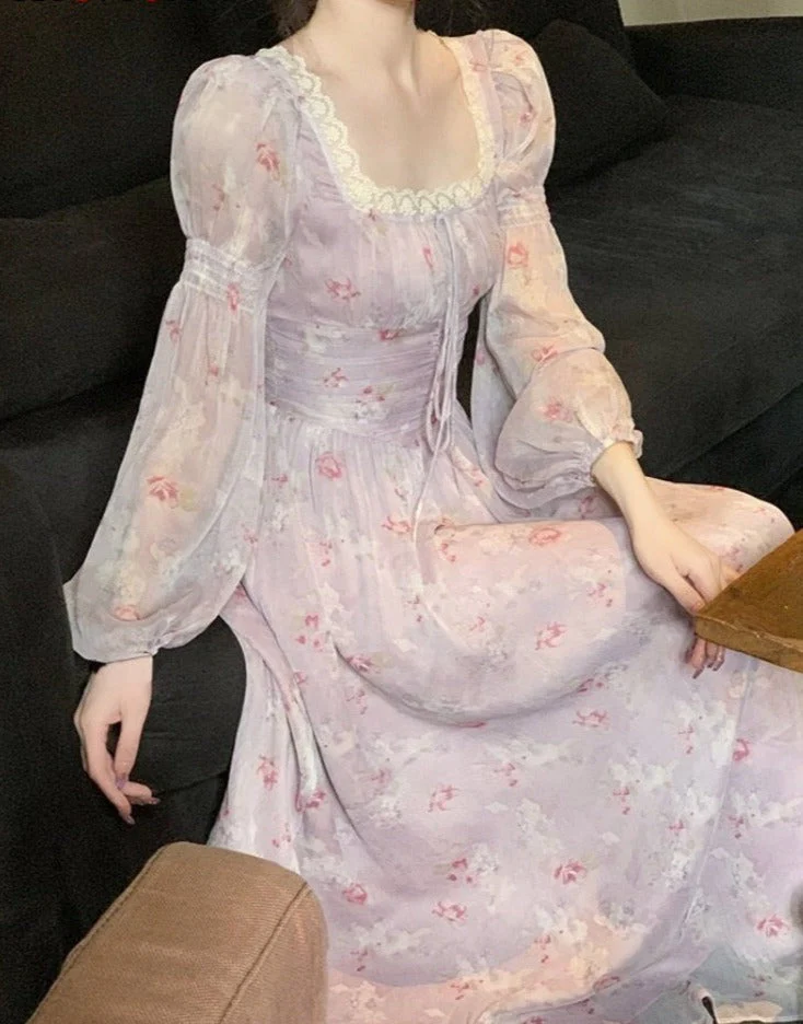 Hulianfu Floral Dress for Women New Fashion Spring Fairycore Square Collar Puff Sleeve Midi Dress Elegant Lace-up Y2k Dress - Deanwangkt