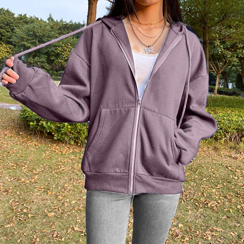 BiggOrange Brown Zip Hooded Sweatshirt Winter Jacket Top Oversized Hoodie Retro Pocket Woman Clothes Long Sleeve Pullover - Deanwangkt