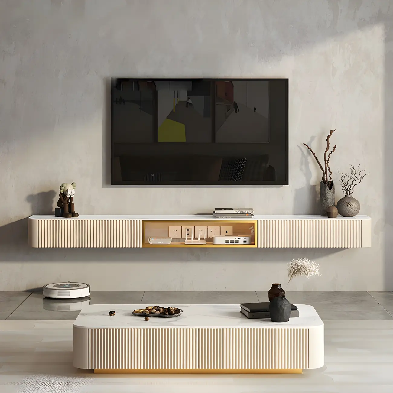71 Beige Stone Floating TV Stand with Cable Management