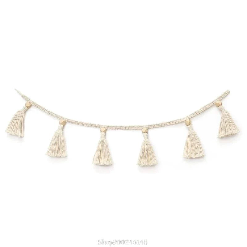 HULIANFU Nordic Cotton Rope Wooden Bead Garland with Tassel Wall Hanging Nursery Props Ornament Kids Baby Room Decor S24 20 Dropship - Deanwangkt