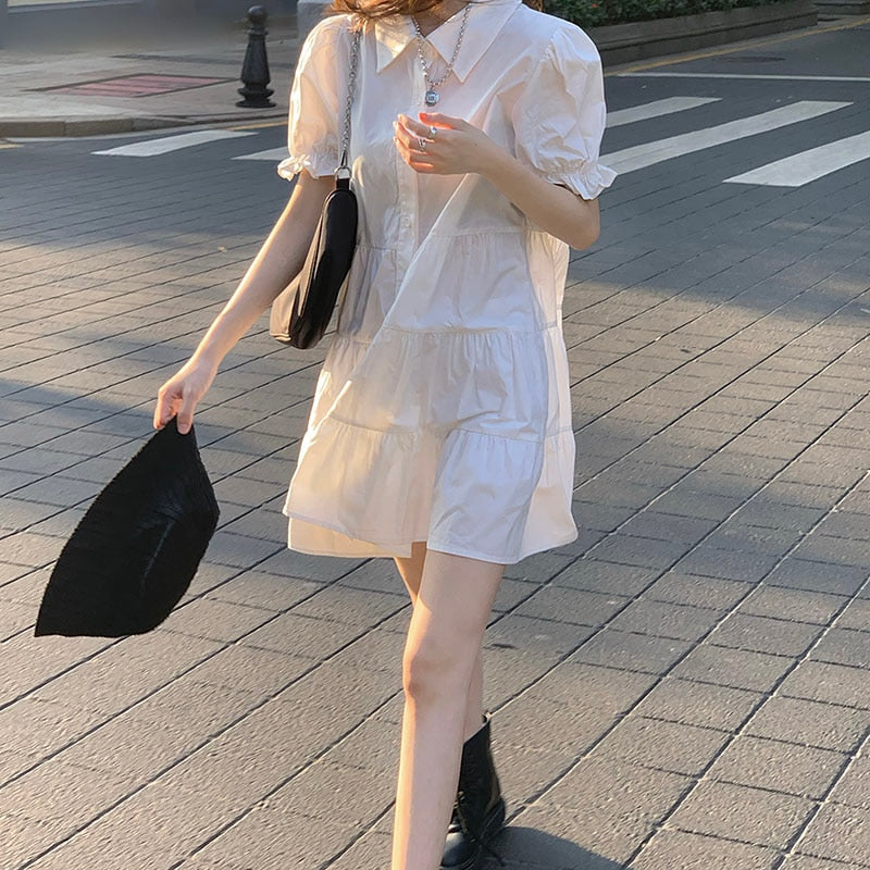 2 Piece Set Women Summer High Waist Dress Denim Camisole + Mini Dress Elegant Puff Sleeve A-line Dress Vintage Slim Dresses - Deanwangkt