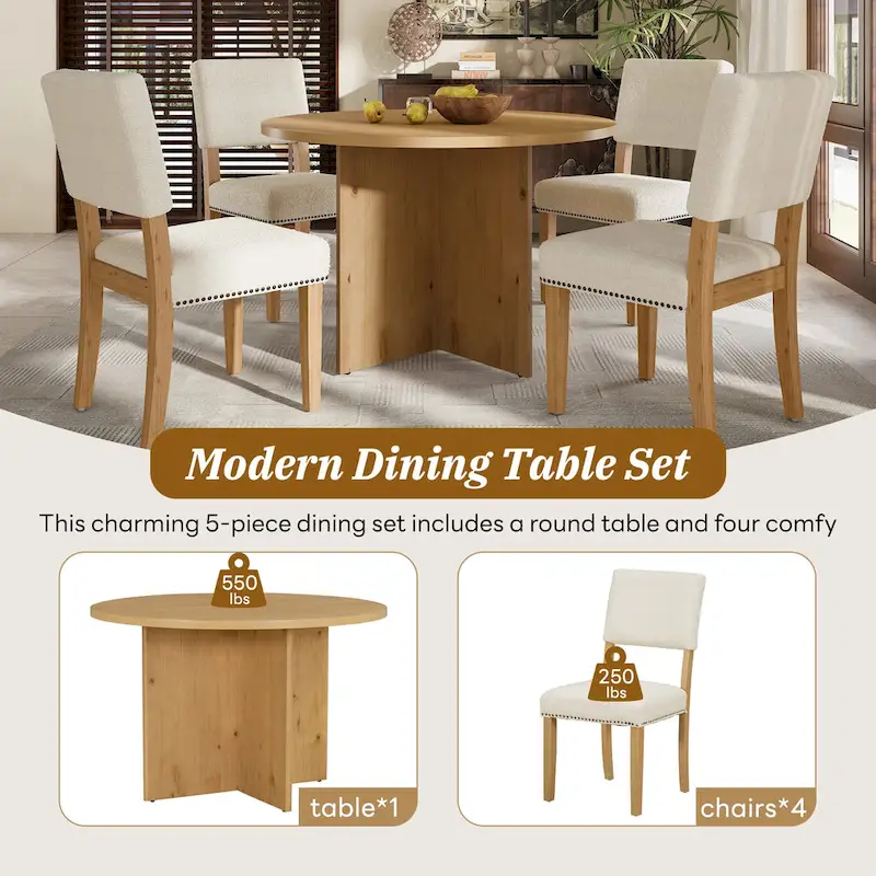 Farmhouse Style 5-Piece Wooden Dining Set with Round Table and 4 Lambswool-like Fabric Upholstered Chairs