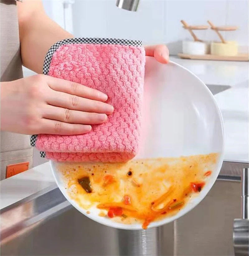 HULIANFU Super Absorbent Microfiber Kitchen Tableware Dish Cloth 25x25cm Household Cleaning Towel Kitchen Clean Rags Coral Velvet Towels - Deanwangkt
