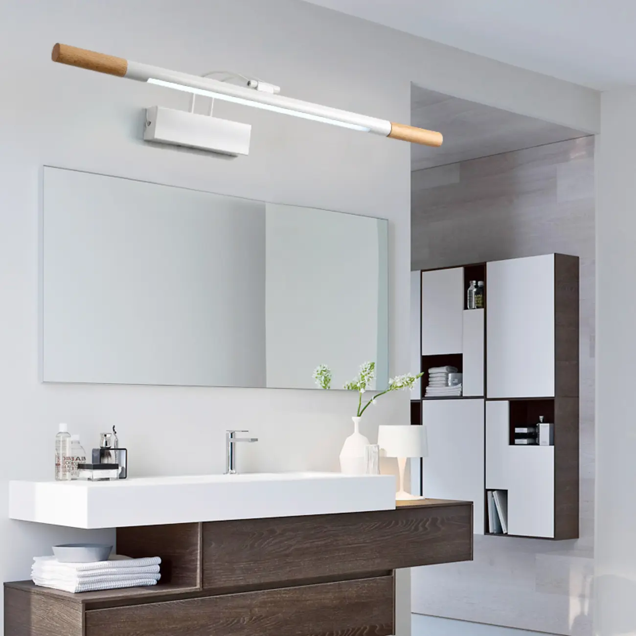 Modern White LED Bathroom Vanity Light with Wood Accent