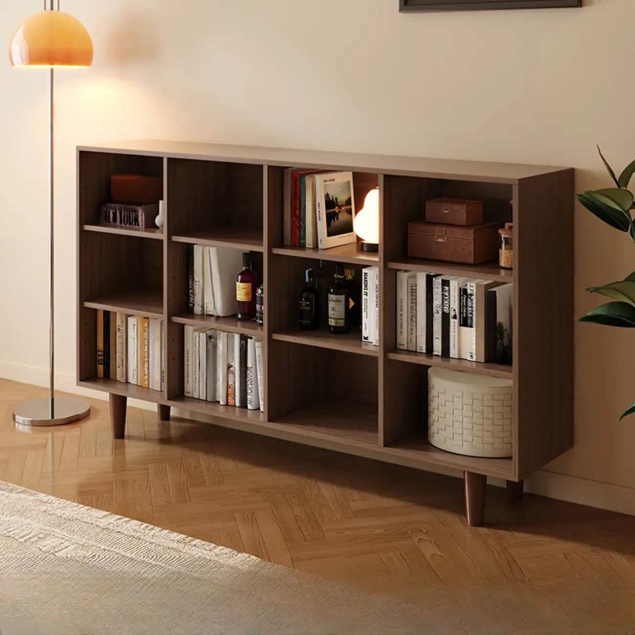 Wide 7-Shelf Modern Wooden Nut-Brown Open Bookcase