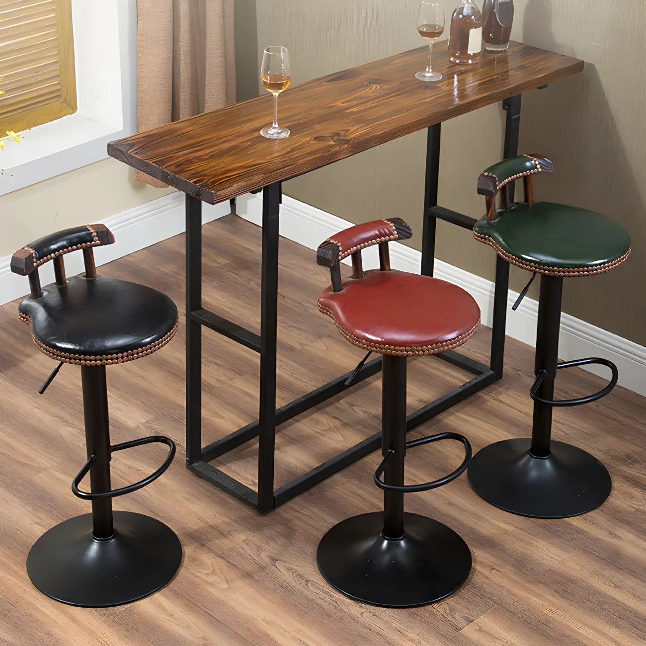 Industrial Round Leather Adjustable Bar Stools