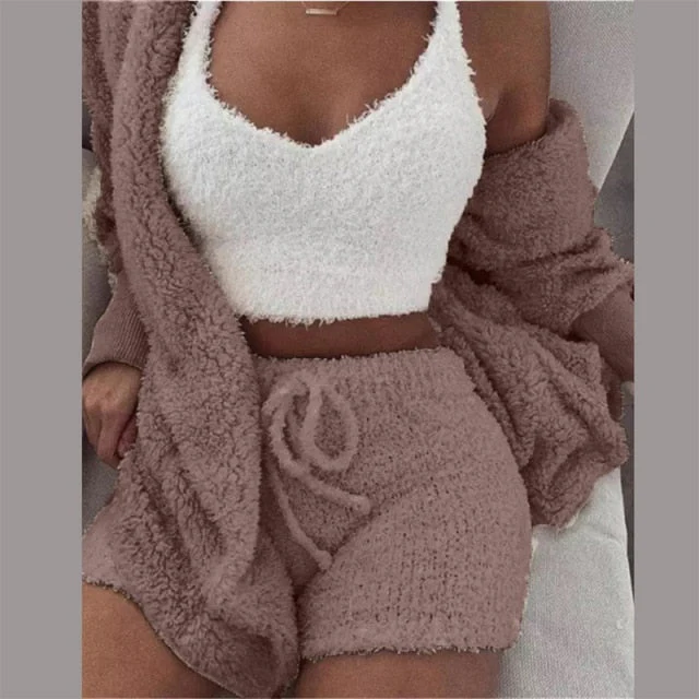 Three Piece Sexy Fluffy Outfits Plush Velvet Hooded Cardigan Coat+Shorts+Crop Top Women Tracksuit Sets Casual Sports Sweatshirt - Deanwangkt