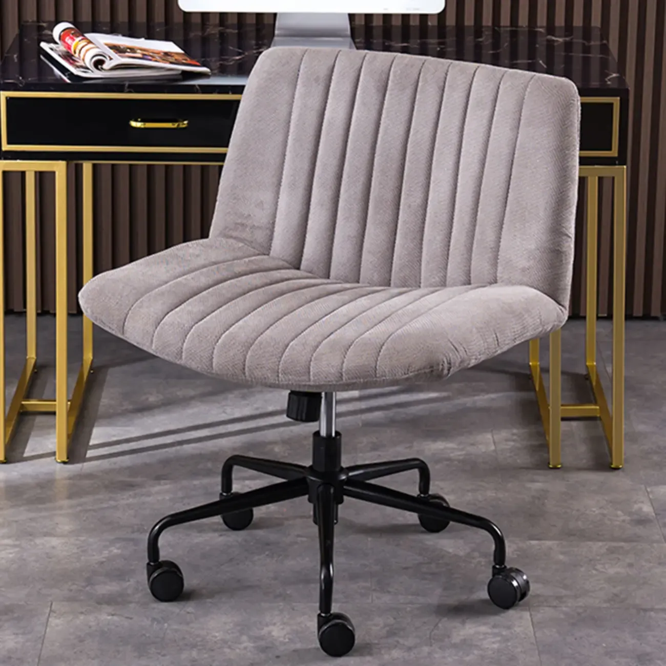 Elegant Gray Linen Upholstered Swivel Office Chair
