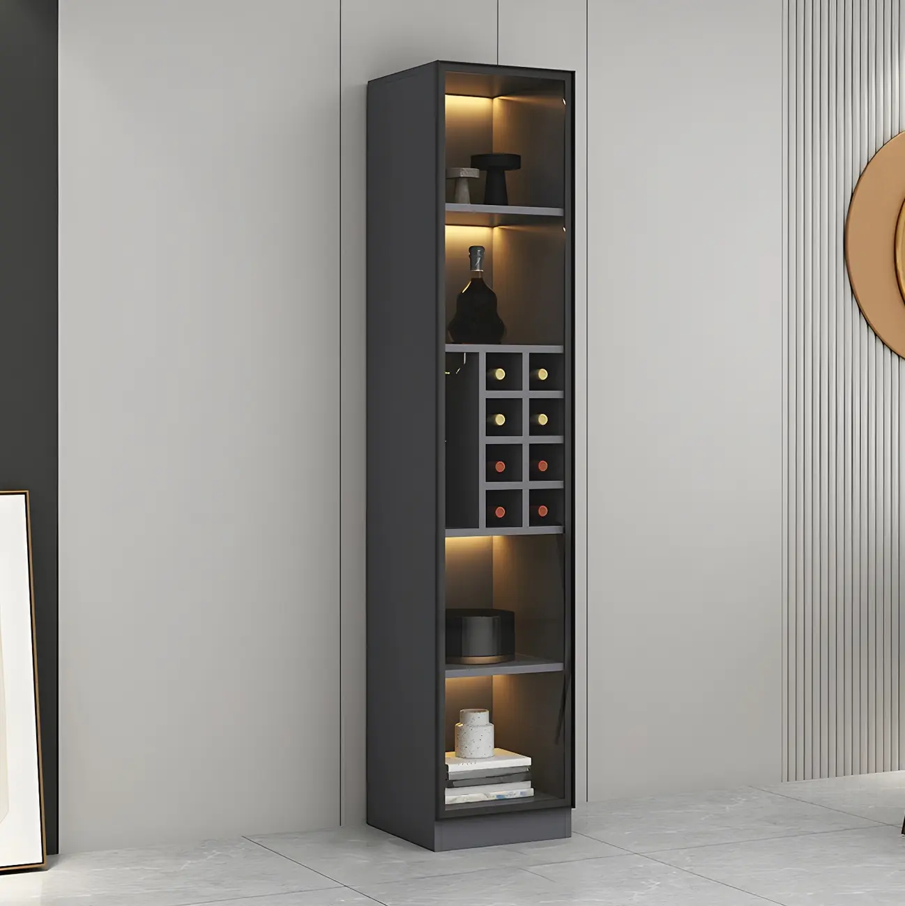 Lighting Modern Freestanding Black Wooden Wine Cabinet