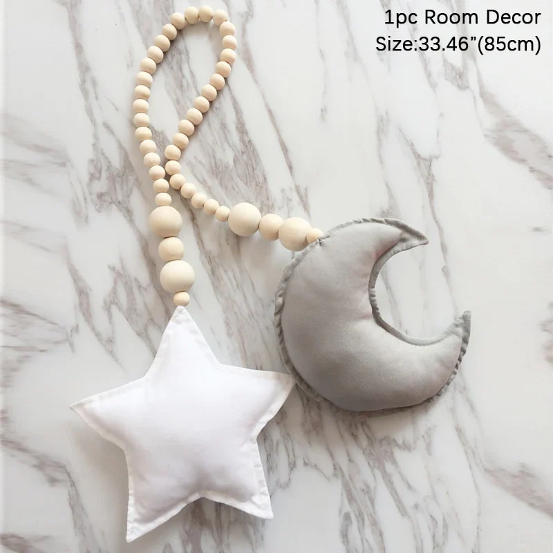 HULIANFU Nordic Boho Room Decor Double Star Moon Wooden Beads Cotton Hanging Wall Decoration Kawaii Kids Baby Bedroom Living Room Decor - Deanwangkt