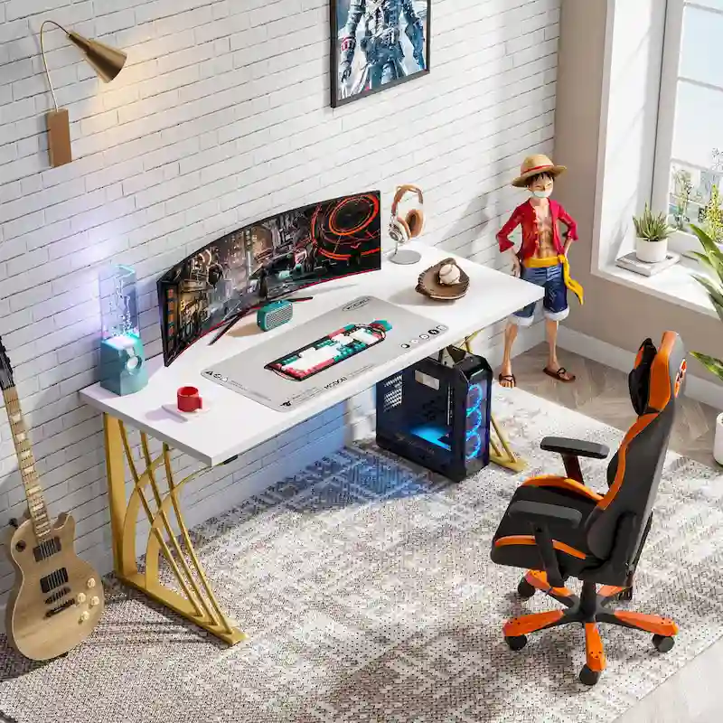 Modern Gold/White Computer Desk, 55 inch Dining Table with Gold Legs, Vanity Table, Conference Table