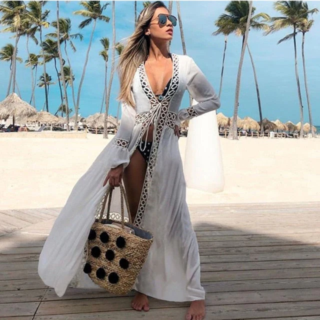 Leaves Print Bikini Beach Cover up Tunics for Beach Long Kaftan Bikini Cover up Robe de Plage Sarong Beach Swimsuit cover-ups - Deanwangkt