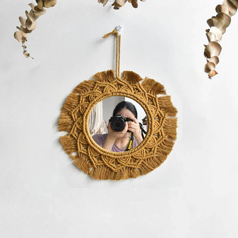 HULIANFU New arrival handmade macrame taperstry with mirror taperstry mirror wall hanging mirror Bohemian mirror - Deanwangkt