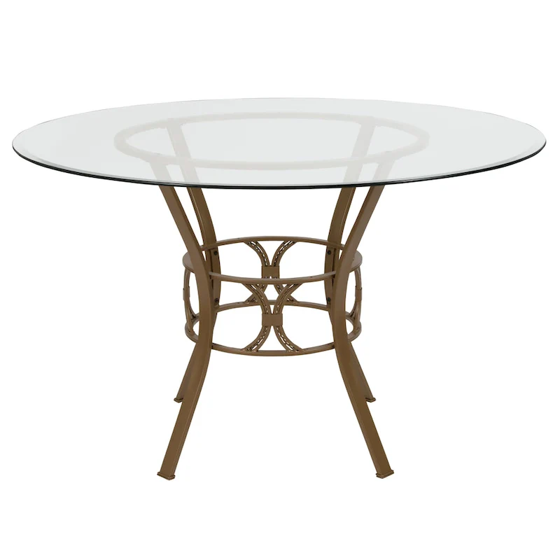 48 Round Glass Dining Table with Crescent Style Metal Frame - 48W x 48D x 29.5H - 48W x 48D x 29.5H